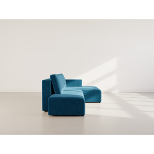 Topaze - canapé d'angle droit 4 places convertible avec coffre en velours côtelé - Bleu
