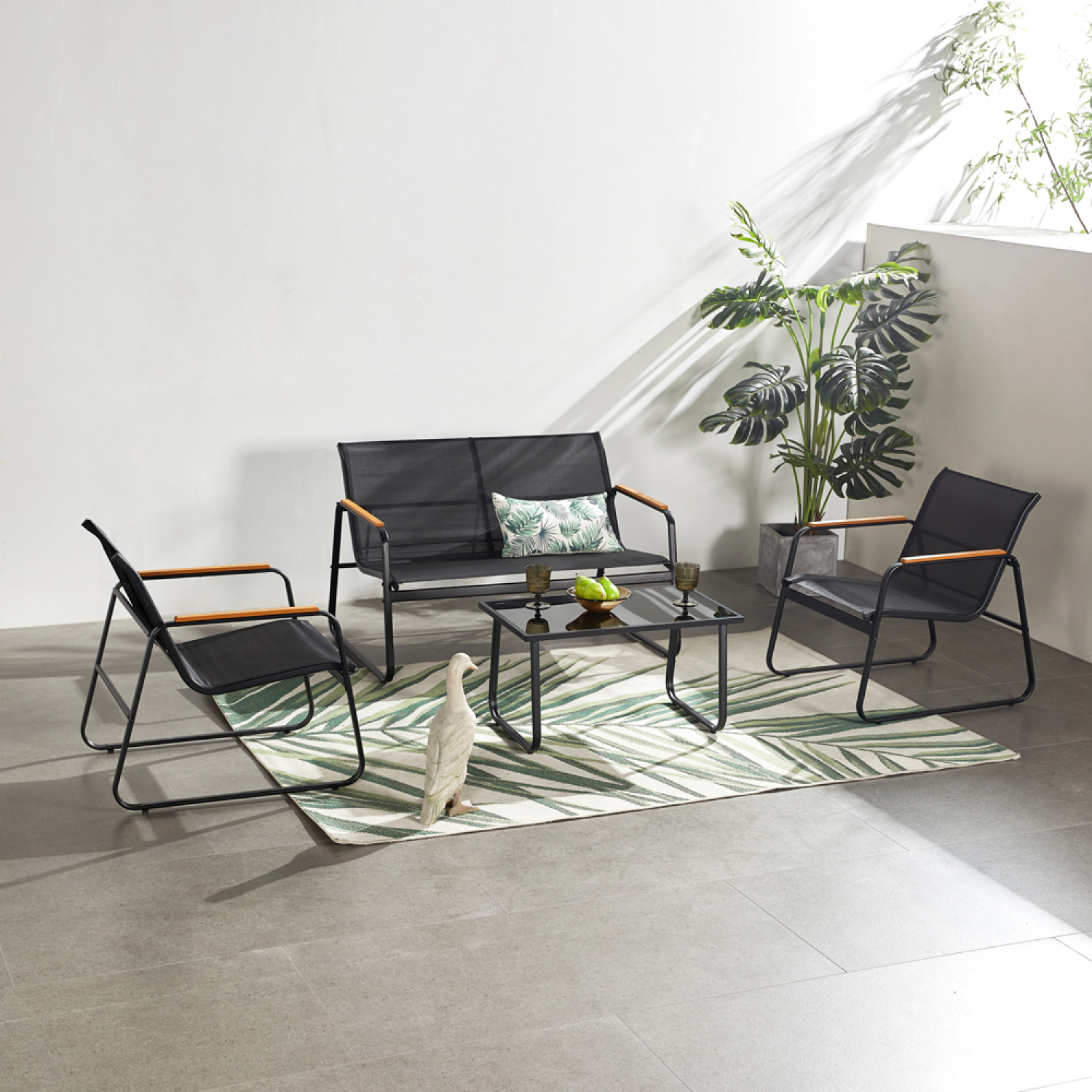 SPRING  Salon de jardin 4 places en toile de polyester noir