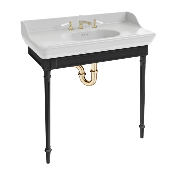 Console Cléo 1889 avec plan vasque 3 trous + mélangeur poignée lavabo or + siphon or