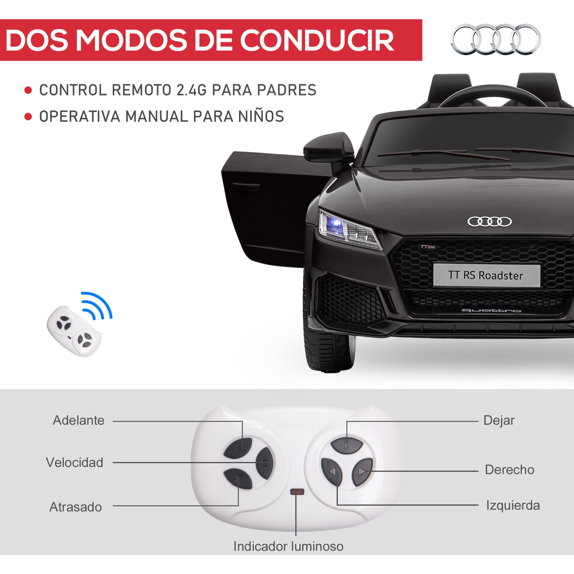 Audi TT Eléctrico Infantil Coche Juguete Niño 3 Años+ con Mando a Distancia con Música y Luces Modos de Aprendizaje Batería 12V Doble Apertura de Puerta 102x60x44 cm Negro