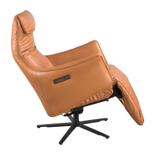 Sillón Angel Cerdá relax giratorio con reposabrazos con asiento y respaldo tapizados en piel de origen vacuno en marrón patas de acero inoxidable en epoxi negro con mecanismo relax eléctrico 78x70x115cm
