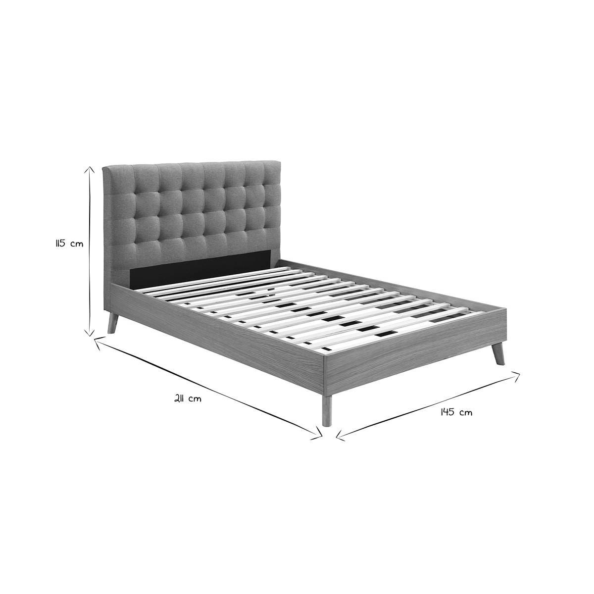 Lit 2 places 140x200cm en bois et tissu gris capitonné LYNN