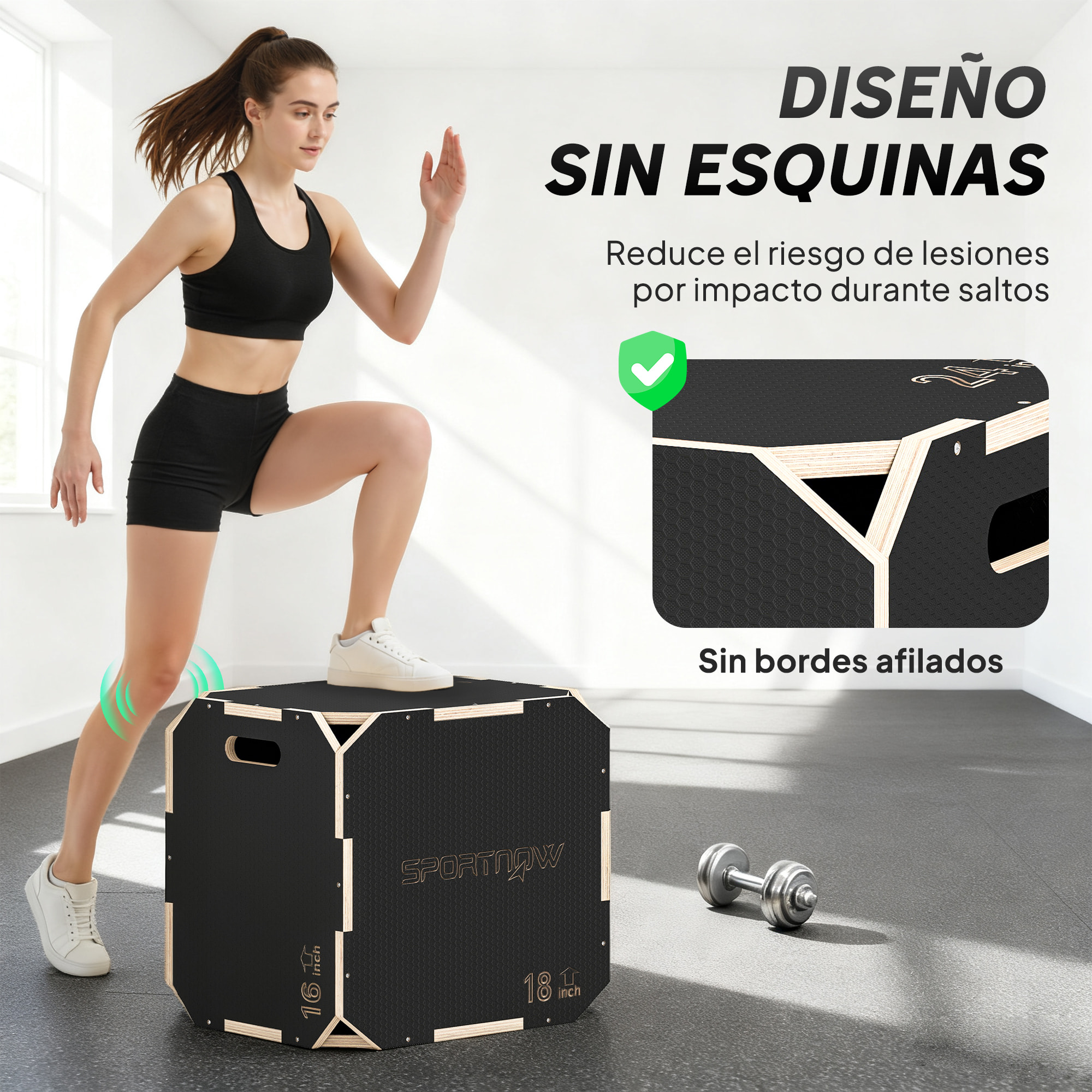 Cajón Pliométrico de Madera 3 en 1, Plataforma de Caja Pliométrica con 3 Alturas Diferentes, Asas, sin Esquinas, Entrenamiento de Salto, Fuerza, en Casa, Gimnasio y Exterior, 51x47,5x40,5 cm
