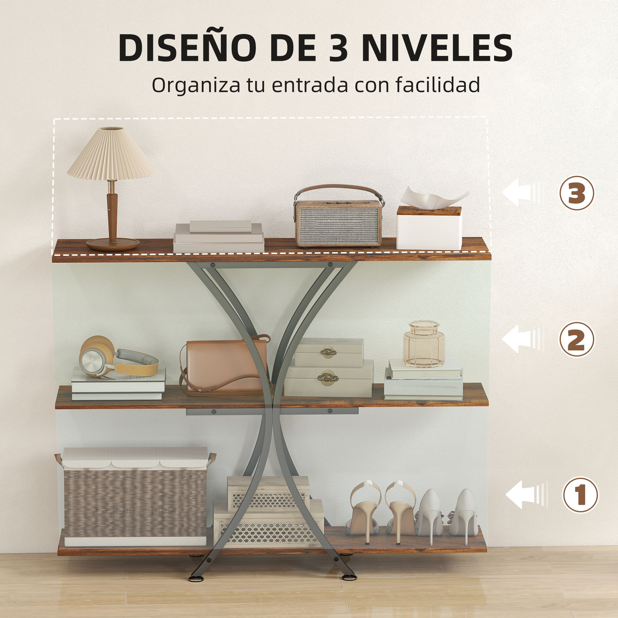 Mesa de Consola de 3 Niveles, Mesa de Sofá Industrial con 2 Estantes Abiertos y Marco Metálico en X, Consola para Recibidor Estrecha, para Salón, Pasillo, Entrada, Marrón Rústico