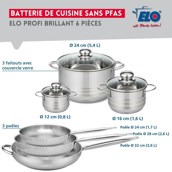 Ensemble de 3 Poêles de cuisson 24, 28 et 32 cm et 3 faitouts 12, 16 et 24 cm Elo Profi Brillant