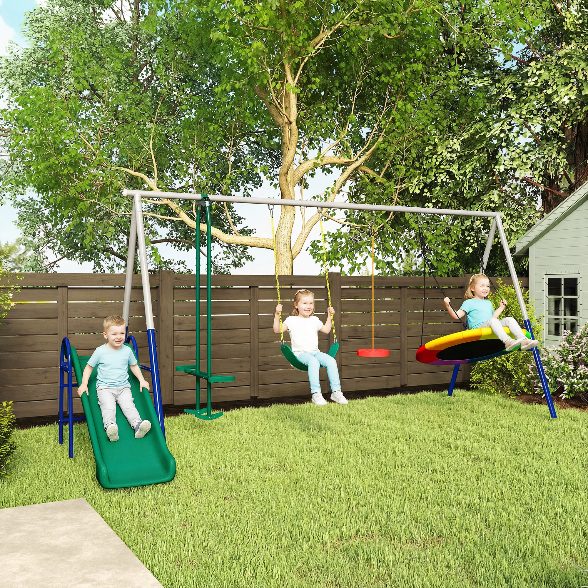 Balançoire aire de jeux 4+1 agrès acier gris bleu