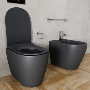 Coppia Sanitari Filomuro Filo Muro Filo Parete Vaso WC E Bidet Design Moderno Ceramica Copriwater Chiusura Soft Close Chiusura Rallentata Nero Opaco