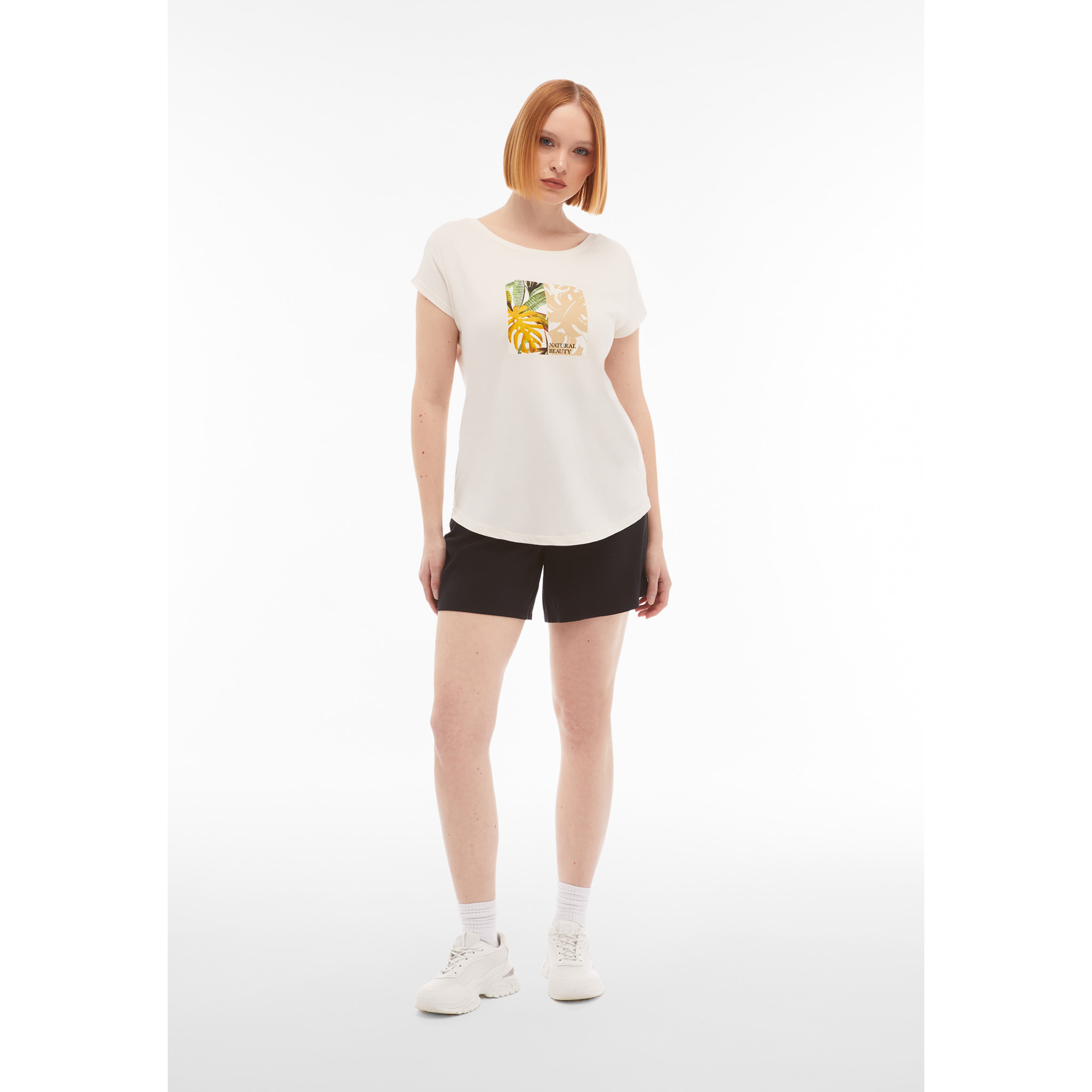 T-shirt donna in jersey modal con grafica tropical centrale