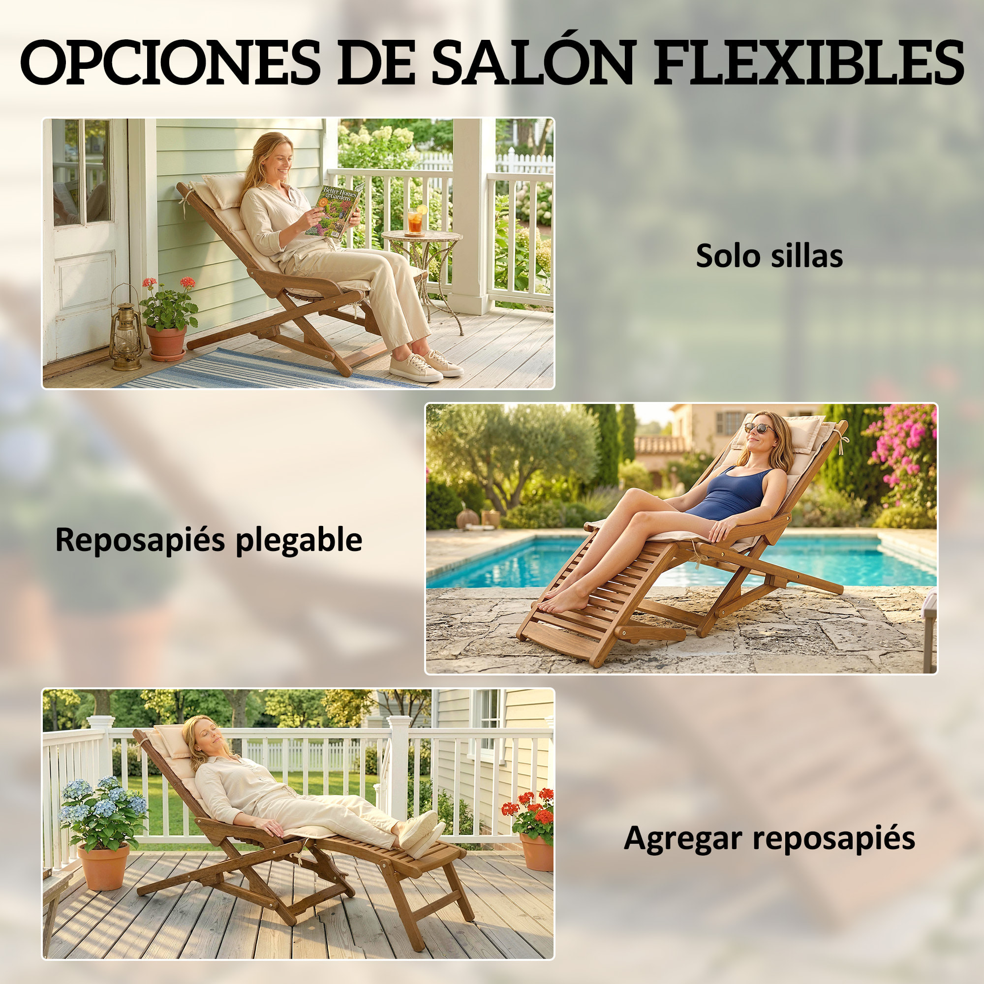 Tumbona Silla Plegable de Madera de Acacia, Silla de Jardín Exterior con Reposapiés Desmontable y Cojín con Reposacabezas, Carga 160 kg, para Terraza, Patio, Playa, 158x61x70 cm, Beige