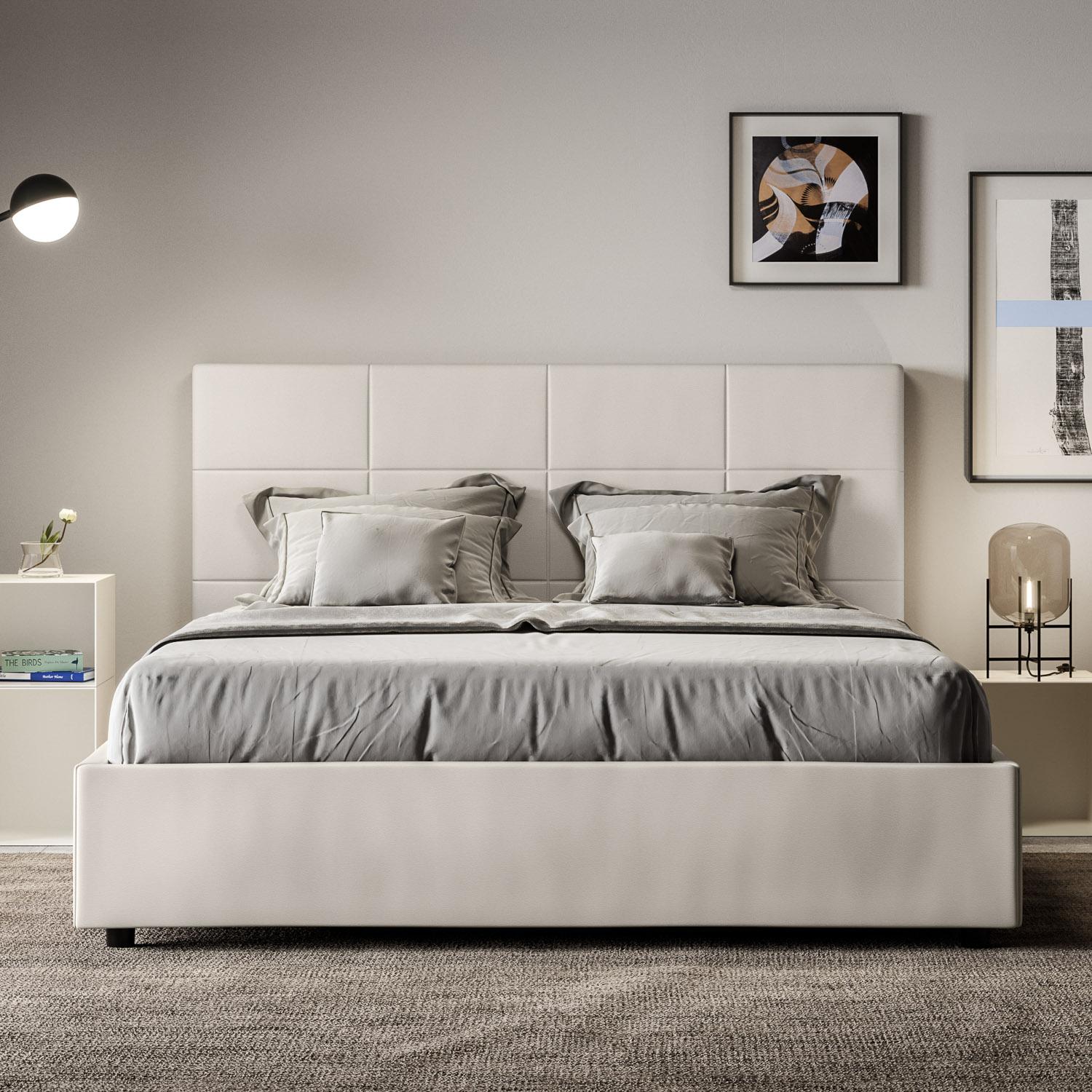 Cama con almacenaje acolchada 160x200 cuero sintético blanco Mika