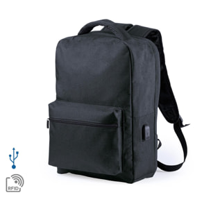 Mochila antirrobo Komplete de poliester 300D, con toma USB exterior. Bolsillo en lateral con protección RFID.