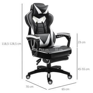 Vinsetto Fauteuil de bureau gamer style baquet racing - pivotant, inclinable - coussin lombaire, tétière, repose-pieds inclus - revêtement synthétique blanc noir