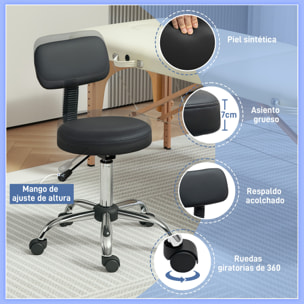 Taburete Giratorio Taburete con Ruedas y Respaldo Taburete de Trabajo con Altura Regulable 78-93 cm Asiento Tapizado de Cuero Sintético Negro