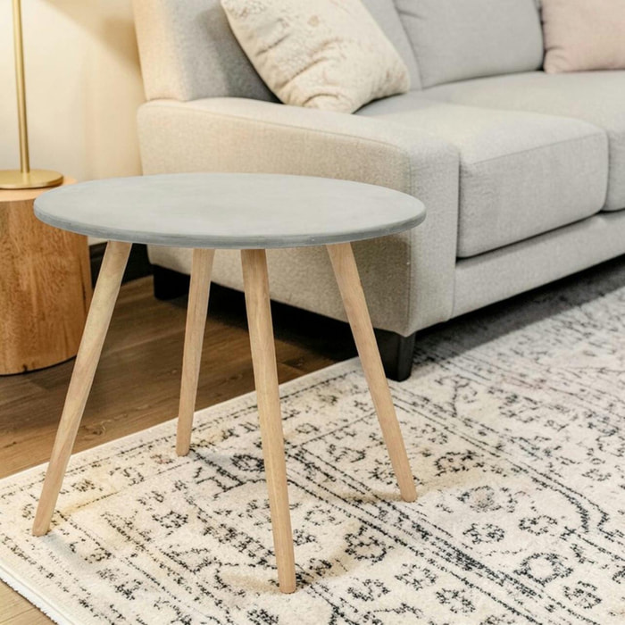 Bout de canapé rond pieds bois et plateau béton D65xH57cm