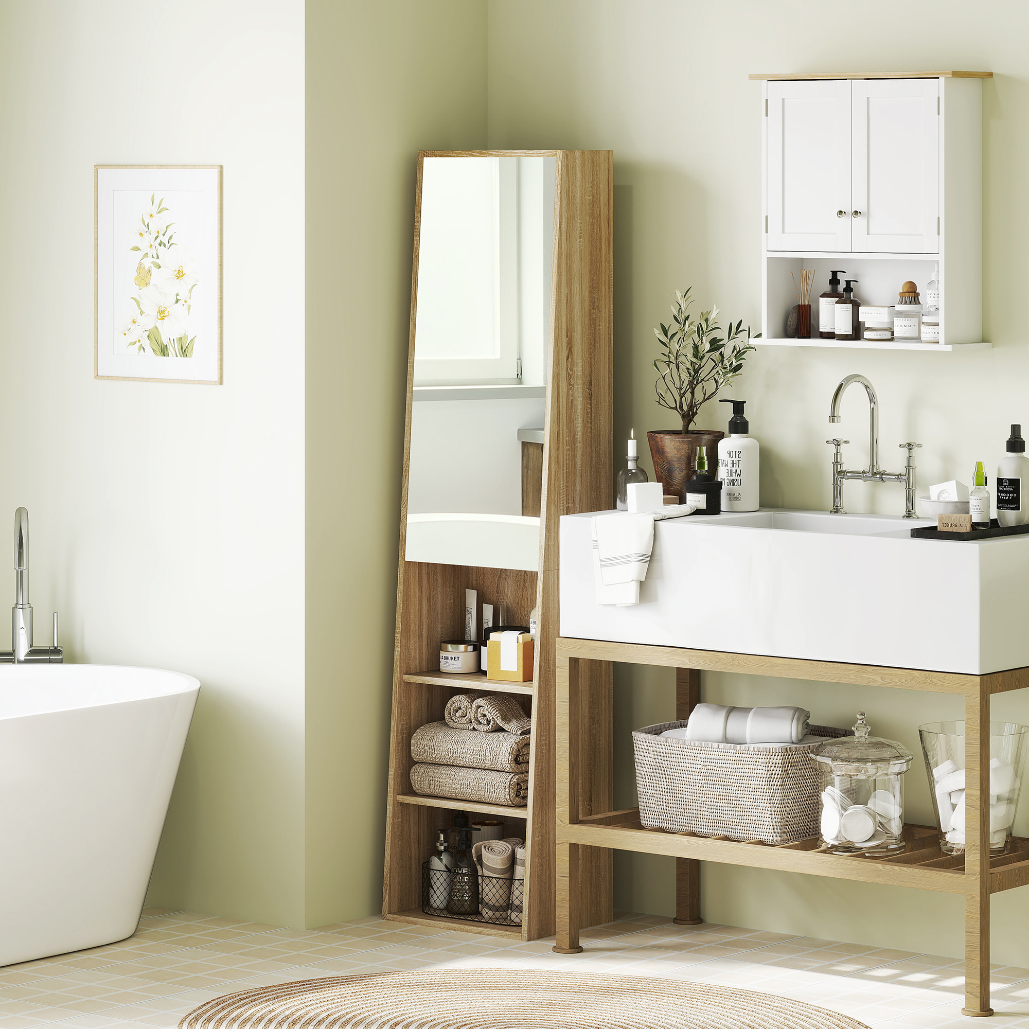 Colonne salle de bain design forme trapézoïdale avec miroir H. 165 cm - porte, 3 étagères, 3 niches - effet bois clair