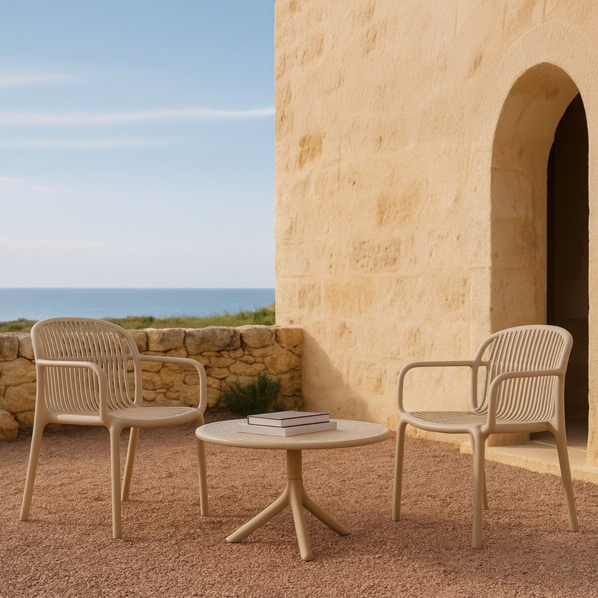 Set da 4 sedie da giardino con braccioli in polipropilene tortora – Sintra