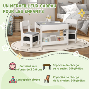 Ensemble table et chaises enfant - 3 pcs - plateau table réversible tableau noir - rangements - étagère - blanc gris