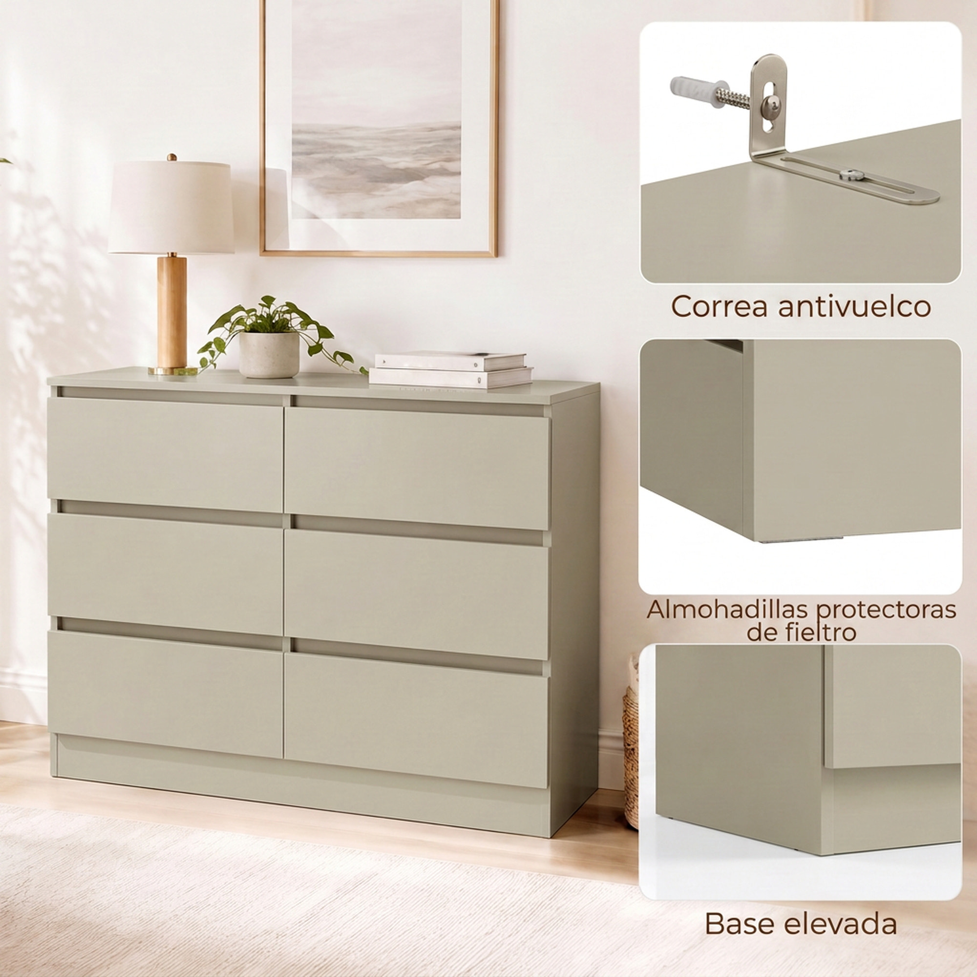 HOMCOM Cómoda de 6 Cajones para Dormitorio, Cajonera Estrecha, Sinfonier Moderno, Soporte para TV hasta 47 Pulgadas, para Salón, Vestidor, Pasillo, 100x35x69 cm, Marrón Claro