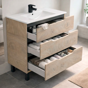 Mobile Bagno A Terra Con 3 Cassettoni Soft Close E Lavabo In Ceramica Incluso Mobiletto Design Moderno Salvaspazio 80 x 45 x 86 Cm Colore Rovere