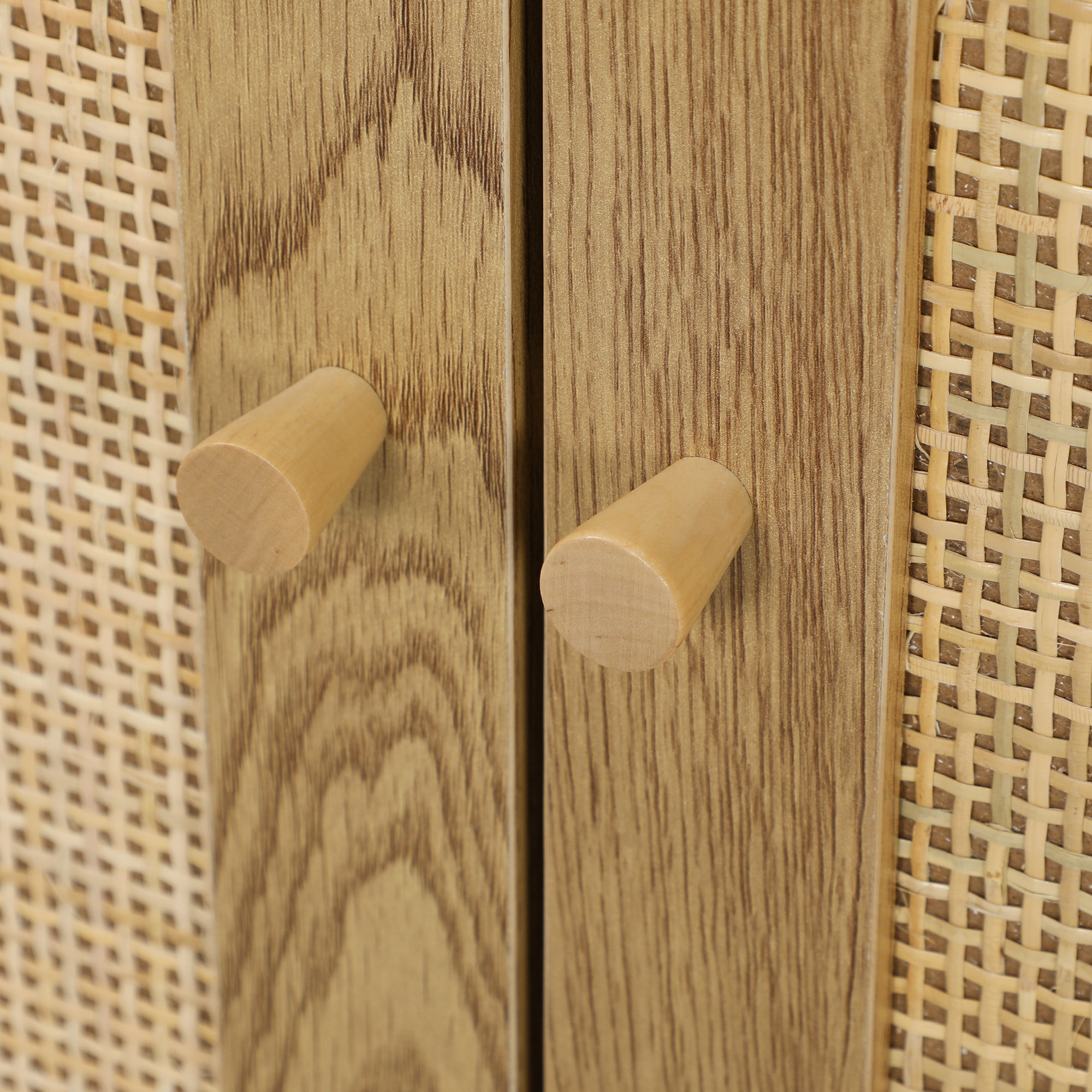 Aparador con 3 Puertas de Ratán, Aparador de Salón Bohemio, con Estantes Ajustables, para Cocina, Entrada, Dormitorio, Madera Natural, 120x40x75 cm