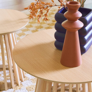Set de 2 tables basses rondes plateau effet bois chêne et pieds en bois de sapin. Ø40cm et Ø60cm