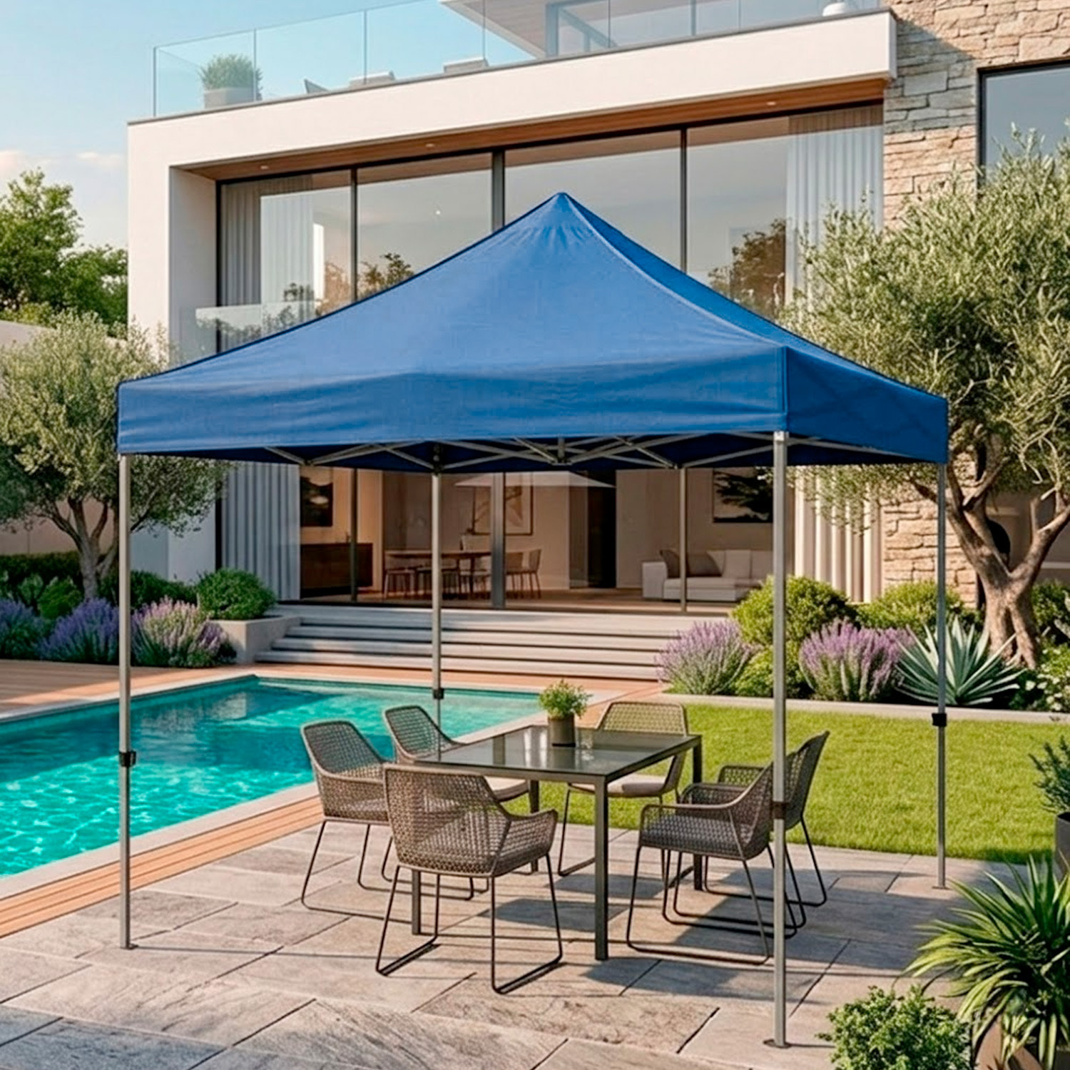 Gazebo Professionale 3x3 M Richiudibile Automatico In Acciaio Con Telo Oxford 1200D PVC Impermeabile e Anti UV A Fisarmonica con Sacche Blu