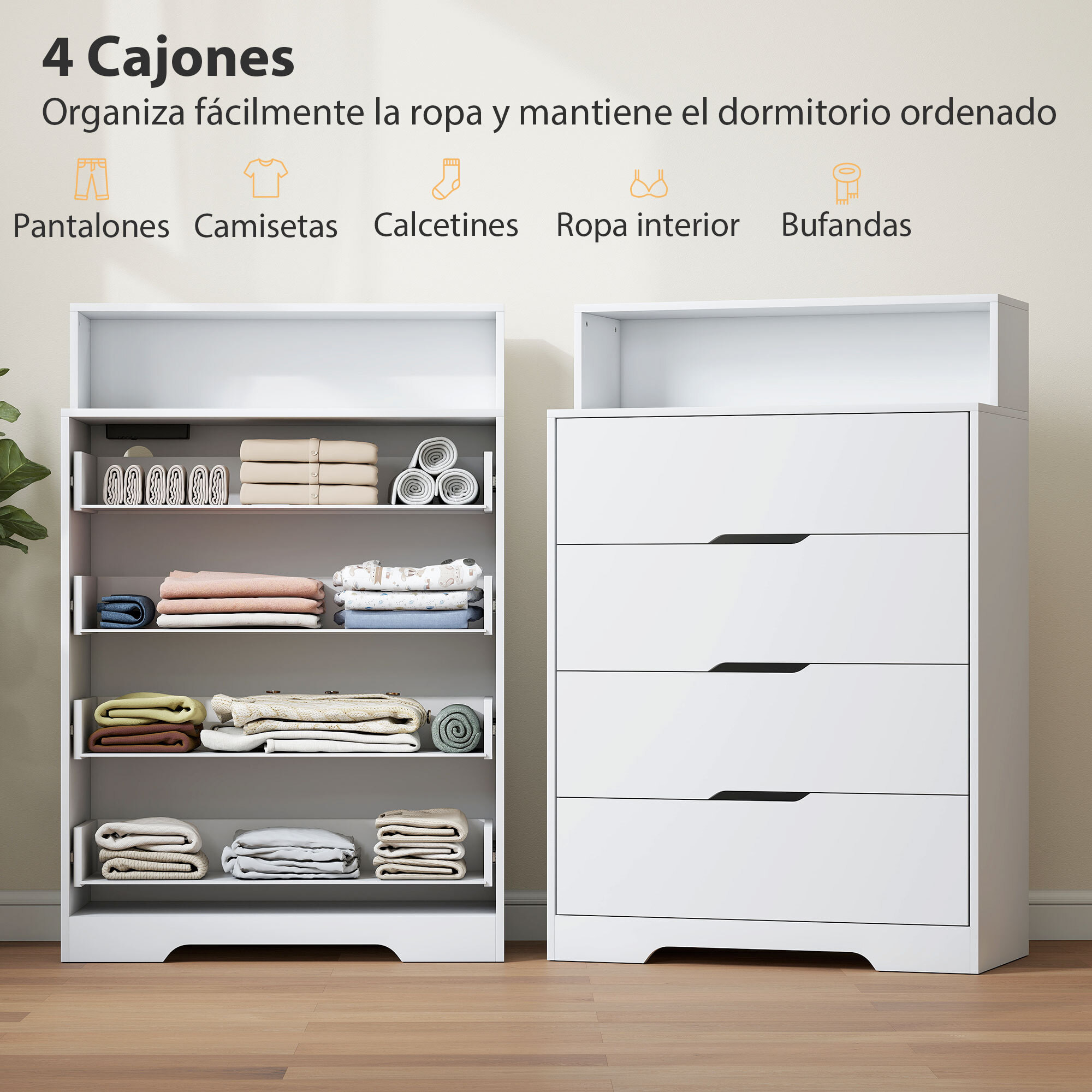 Cómoda de 4 Cajones con Estación de Carga, Cajonera para Dormitorio con Puerto USB, Puerto USB-C, Estante Abierto, 80x40x120 cm, Blanco
