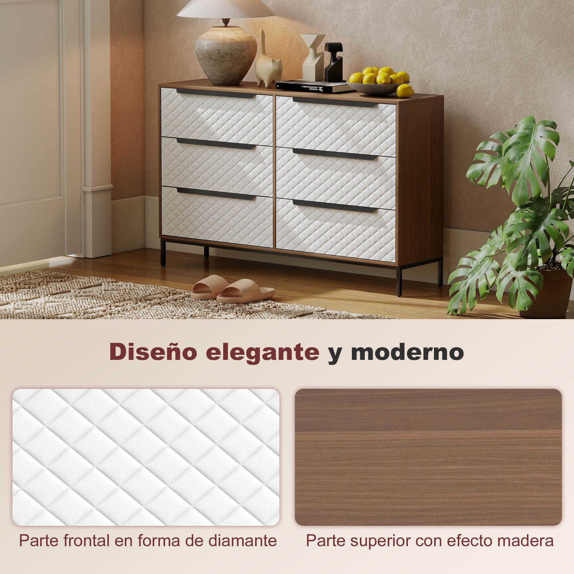 Cómoda con 6 Cajones de Tela, Cómoda para Dormitorio, Frentes con Patrón de Diamante, Cajonera para Salón, Oficina, Vestidor, Natural y Blanco