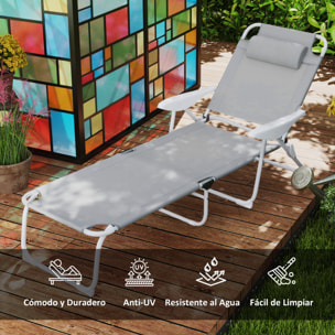 Tumbona Plegable Tumbona Jardín Exterior con Respaldo Ajustable Reposacabezas Extraíble y Estructura de Metal Carga 120 kg para Terraza Piscina Playa 160x66x98 cm Gris