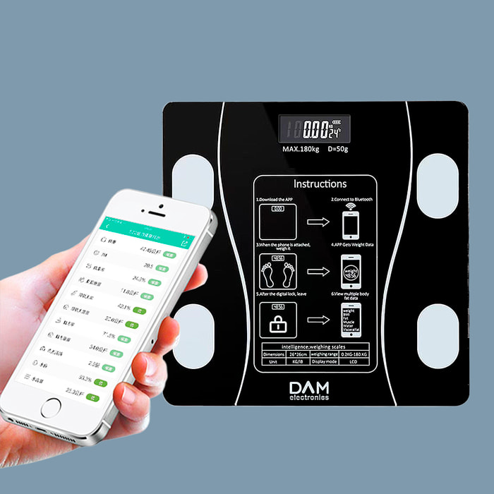 Báscula inteligente con bioimpedancia, Bluetooth y App. 18 medidas diferentes: peso, grasa%, IMC, edad corporal, etc.