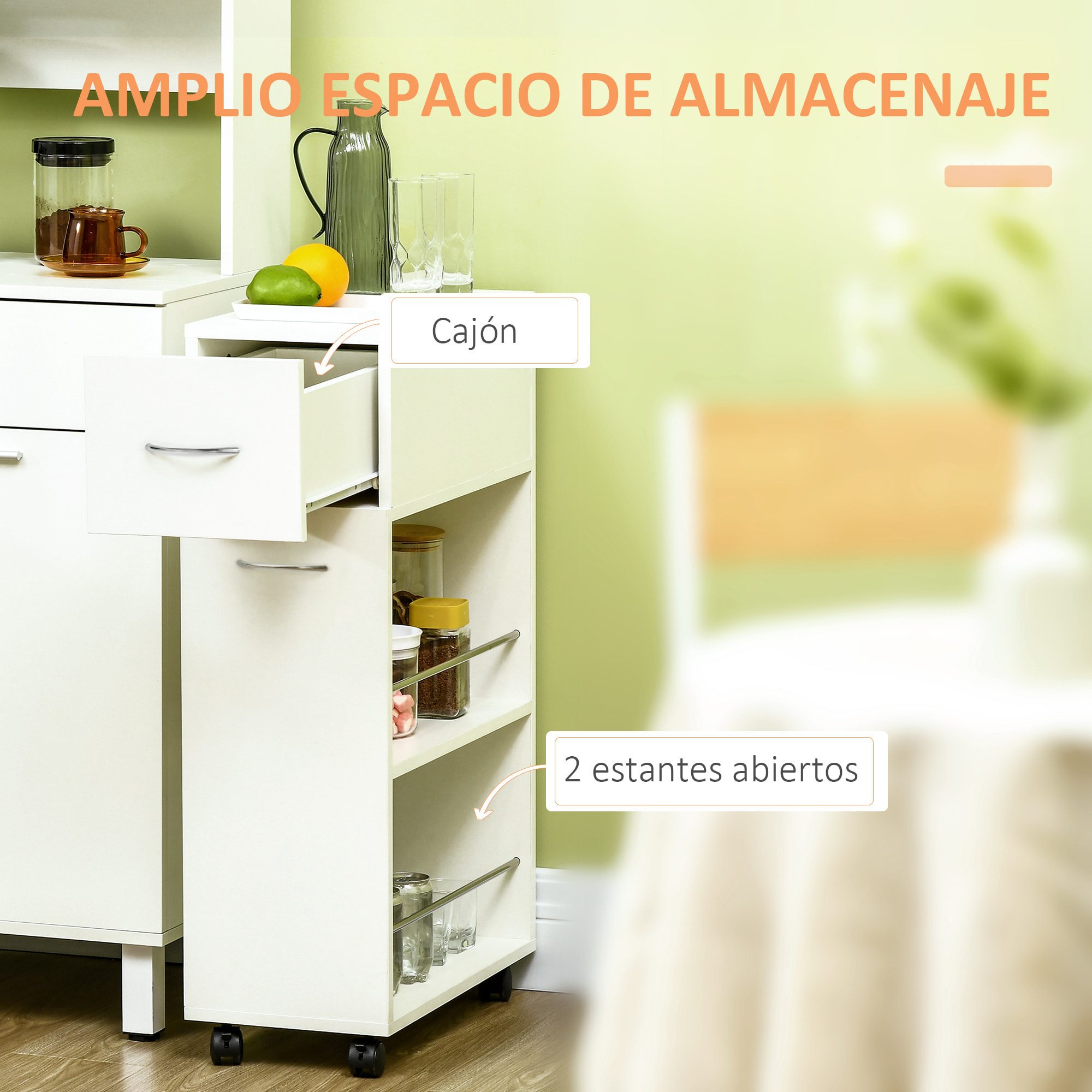 HOMCOM Carrito de Cocina Carrito Verdulero con 1 Cajón y 2 Estantes Abiertos Carro Auxiliar con Ruedas para Comedor Salón Baño 25x50x85 cm Blanco