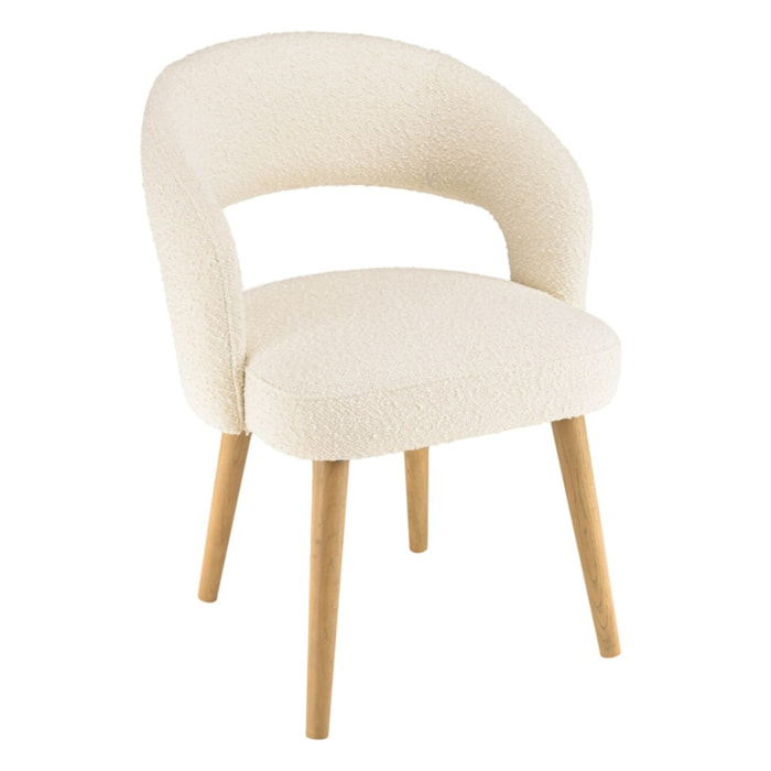 PIERRE - Chaise en tissu bouclette écru, dossier ouvert, pieds en bois