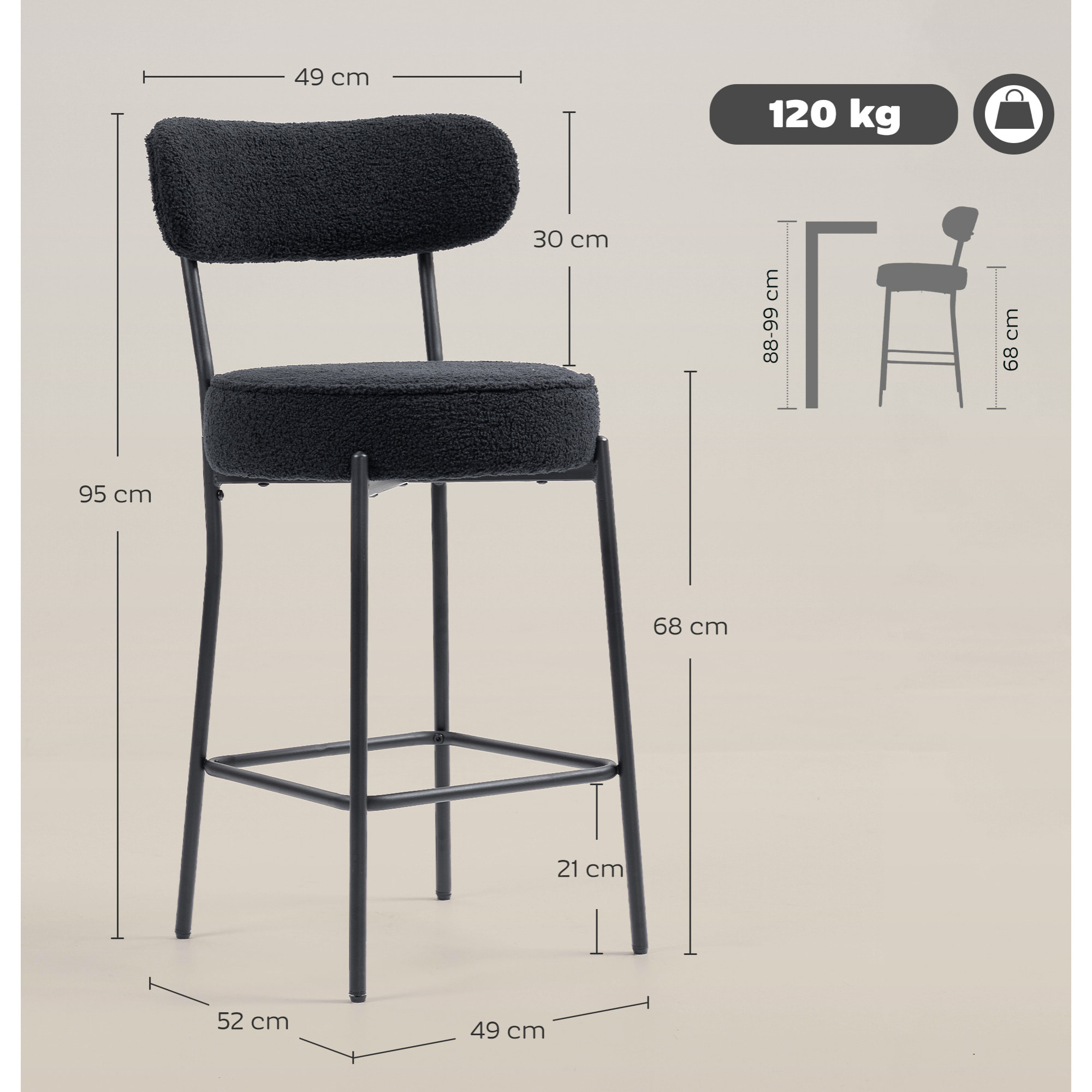 Lot de 2 tabourets de bar en tissu bouclé assise H.68 cm - lot de 2 chaises de bar - acier noir