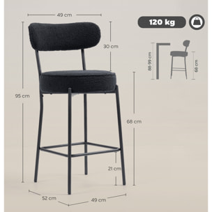Lot de 2 tabourets de bar en tissu bouclé assise H.68 cm - lot de 2 chaises de bar - acier noir