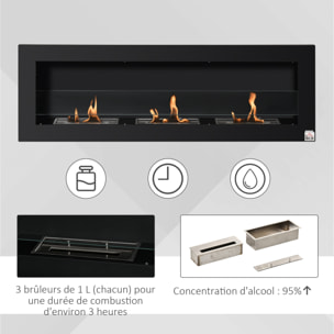 Cheminée bioéthanol murale design Bauhaus - triple brûleur 1 L - pare-feu verre trempé, kit fixation inclus - acier inox. acier dépoli noir