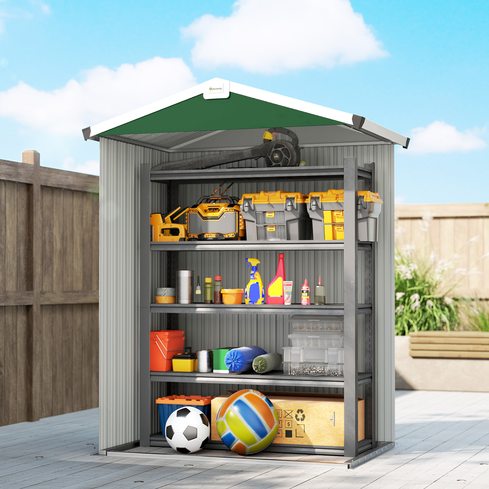 Caseta de Jardín Exterior 1,1 m², 133x87x178 cm, Cobertizo de Jardín Exterior Metálico con Puertas Correderas, Techo Inclinado y Guantes, para Almacenaje de Herramientas Bicicletas, Verde