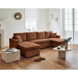 Cyrus - canapé panoramique en U - 7 places - convertible avec coffre - en velours côtelé - Terracotta