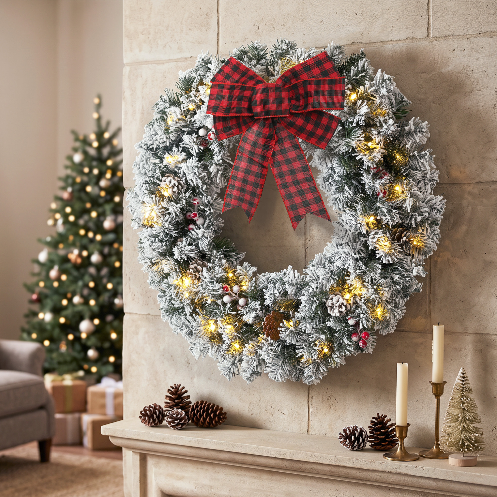 HOMCOM Corona de Navidad Puerta Efecto Nevado con 50 LED Luces, 8 Modos, Guirnalda de Navidad con Piñas, Bayas y Lazo Festivo, Corona Navideña Artificial, Decoración para Chimenea, Pared, Ventana
