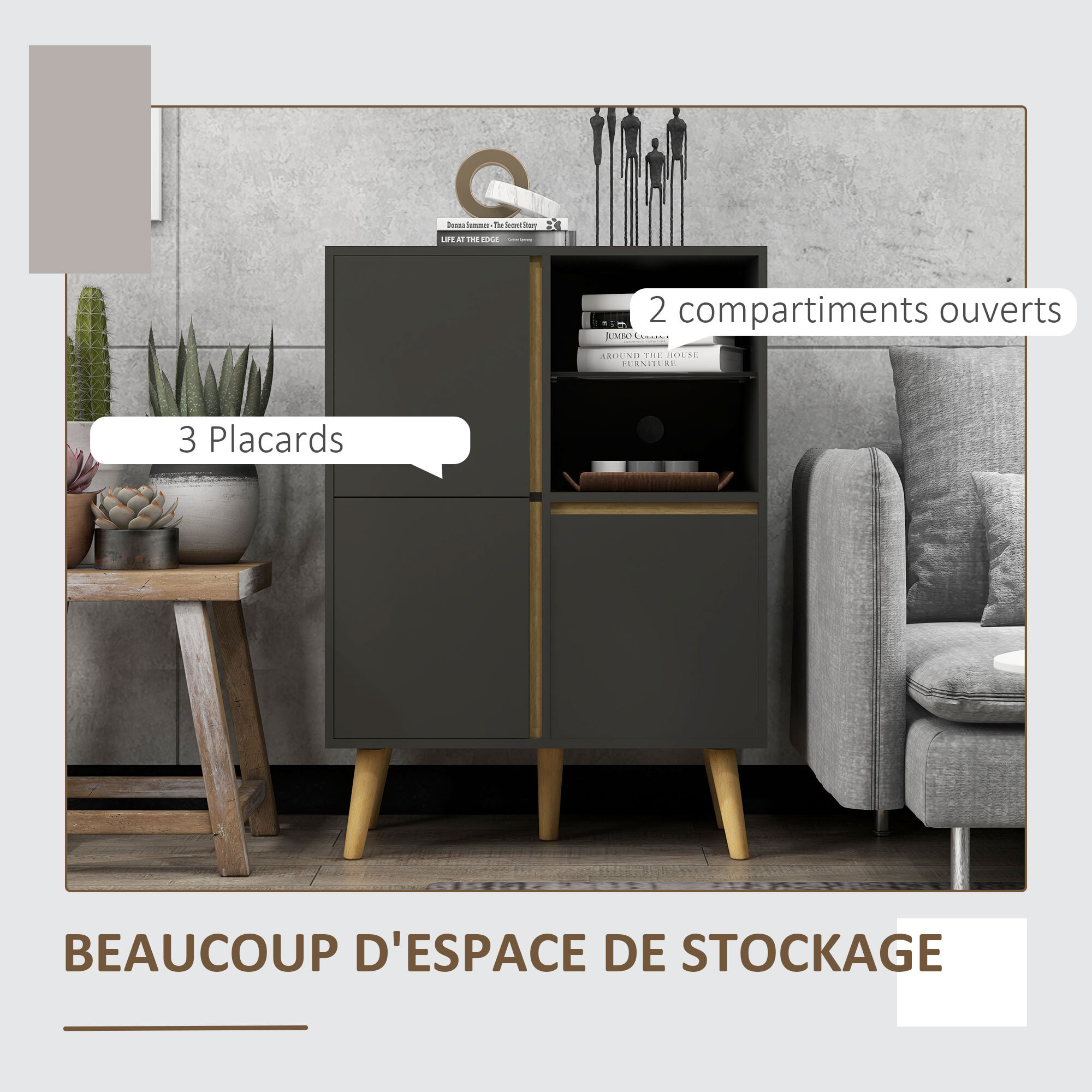 Meuble TV Hi-fi sur pied design scandinave 3 portes 3 étagères 2 niches verre trempé bois gris