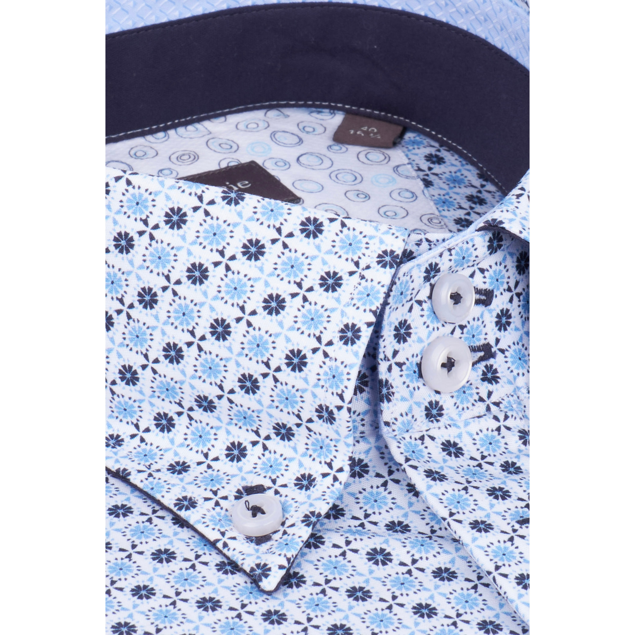 Camicia Uomo 2 Bottoni Button Down Slim Popeline Stampato Bianco/Celeste