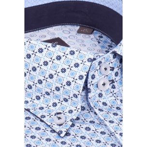 Camicia Uomo 2 Bottoni Button Down Slim Popeline Stampato Bianco/Celeste