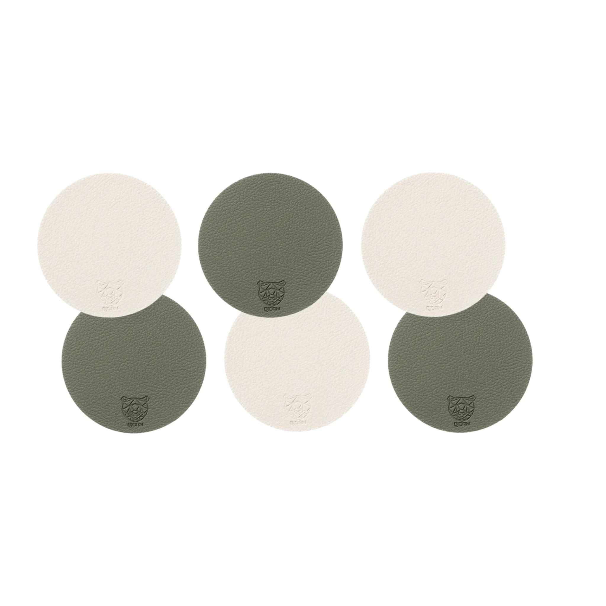 Sous-verre rond réversible - 6 pièces - Cuir recyclé blanc crème et vert de gris