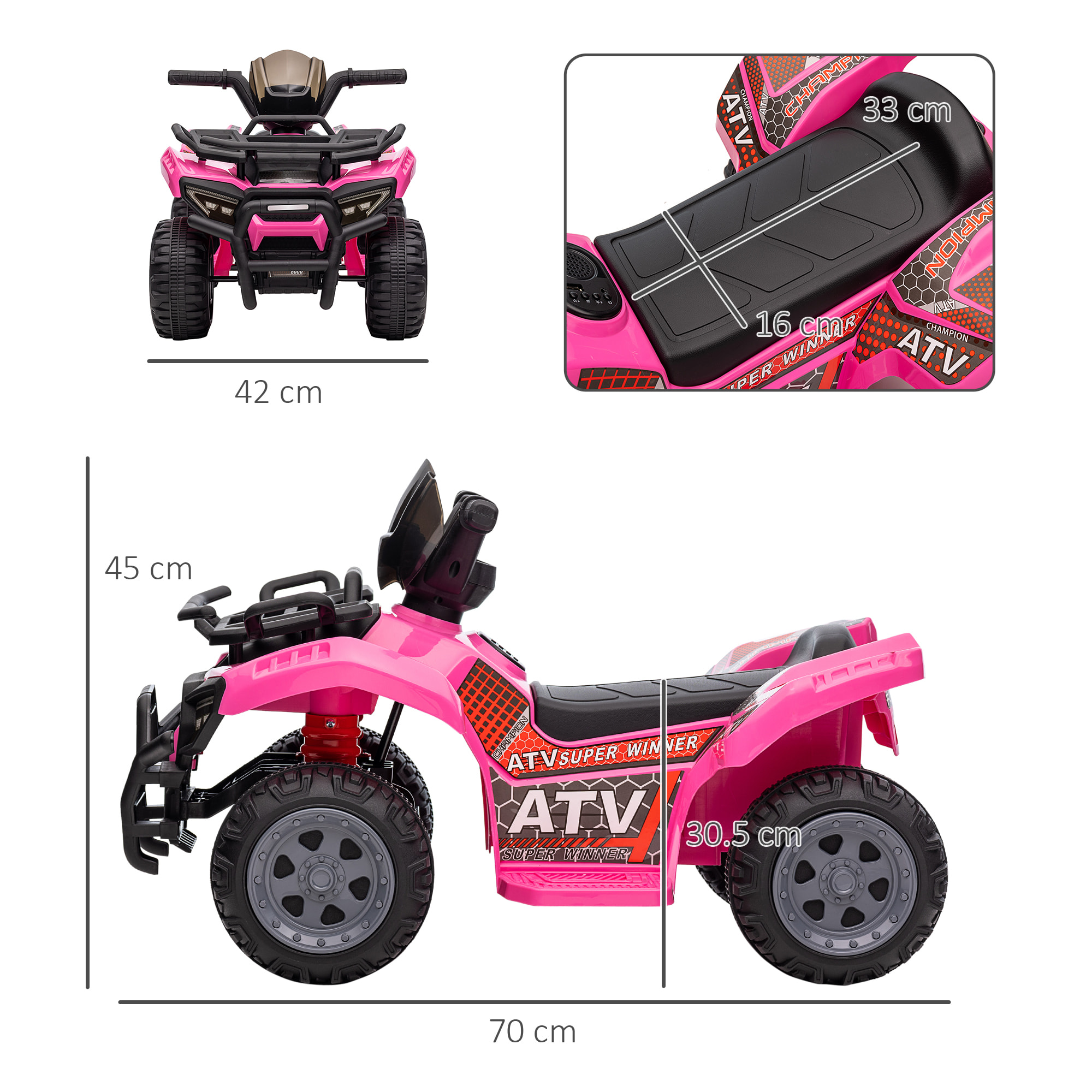 HOMCOM Quad Elettrico per Bambini 18-36 Mesi con Batteria Ricaricabile 6V, in Metallo e PP, 70x42x45 cm, Rosa