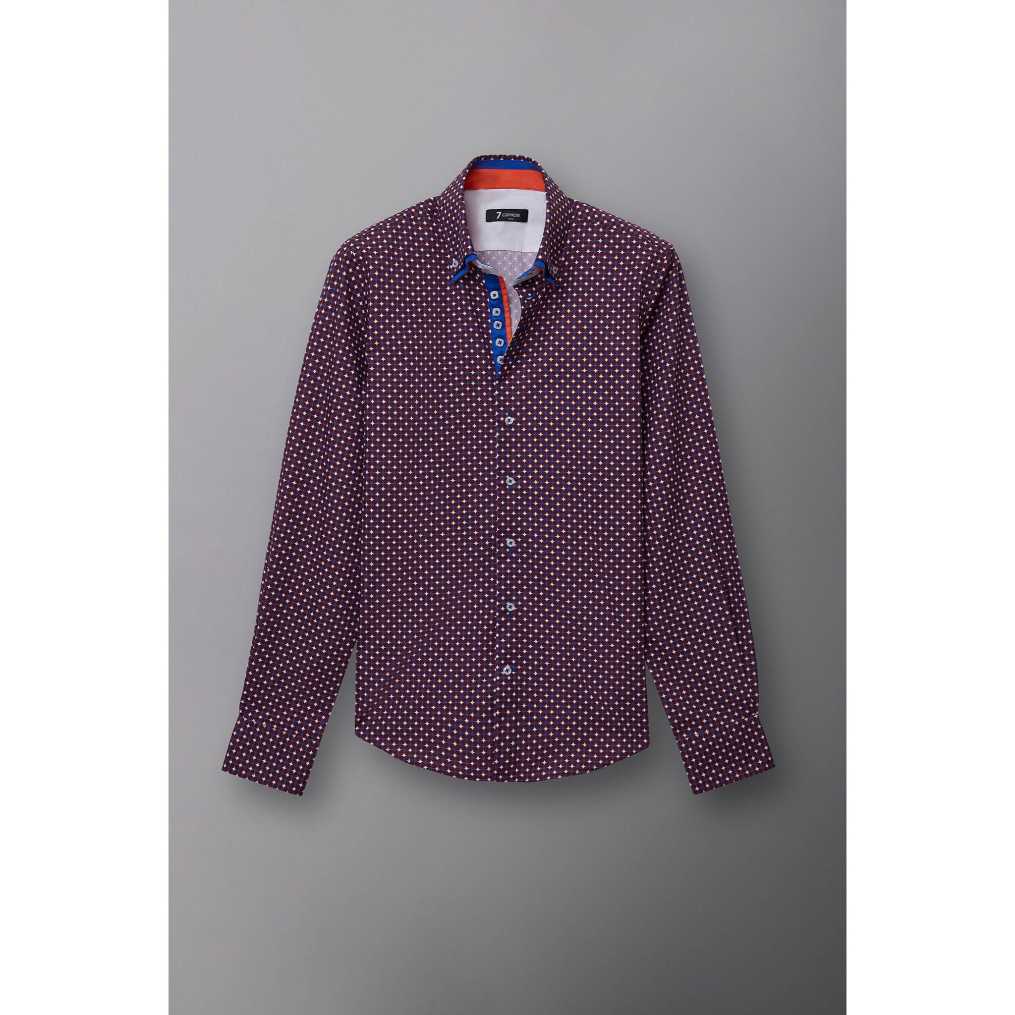 Camicia Uomo 2 Bottoni Button Down 7bottoni Doppio Coll Popeline Stampato Rosso Bordeaux/Bianco