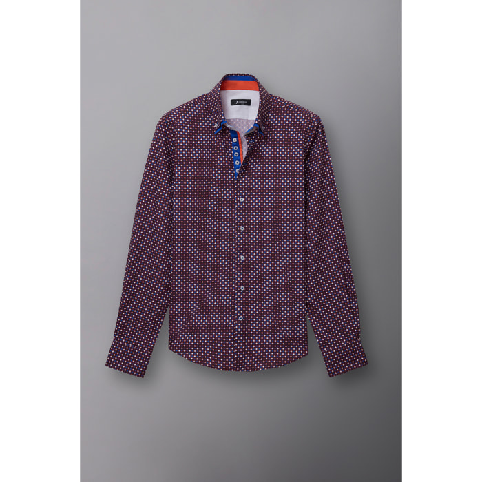 Camicia Uomo 2 Bottoni Button Down 7bottoni Doppio Coll Popeline Stampato Rosso Bordeaux/Bianco