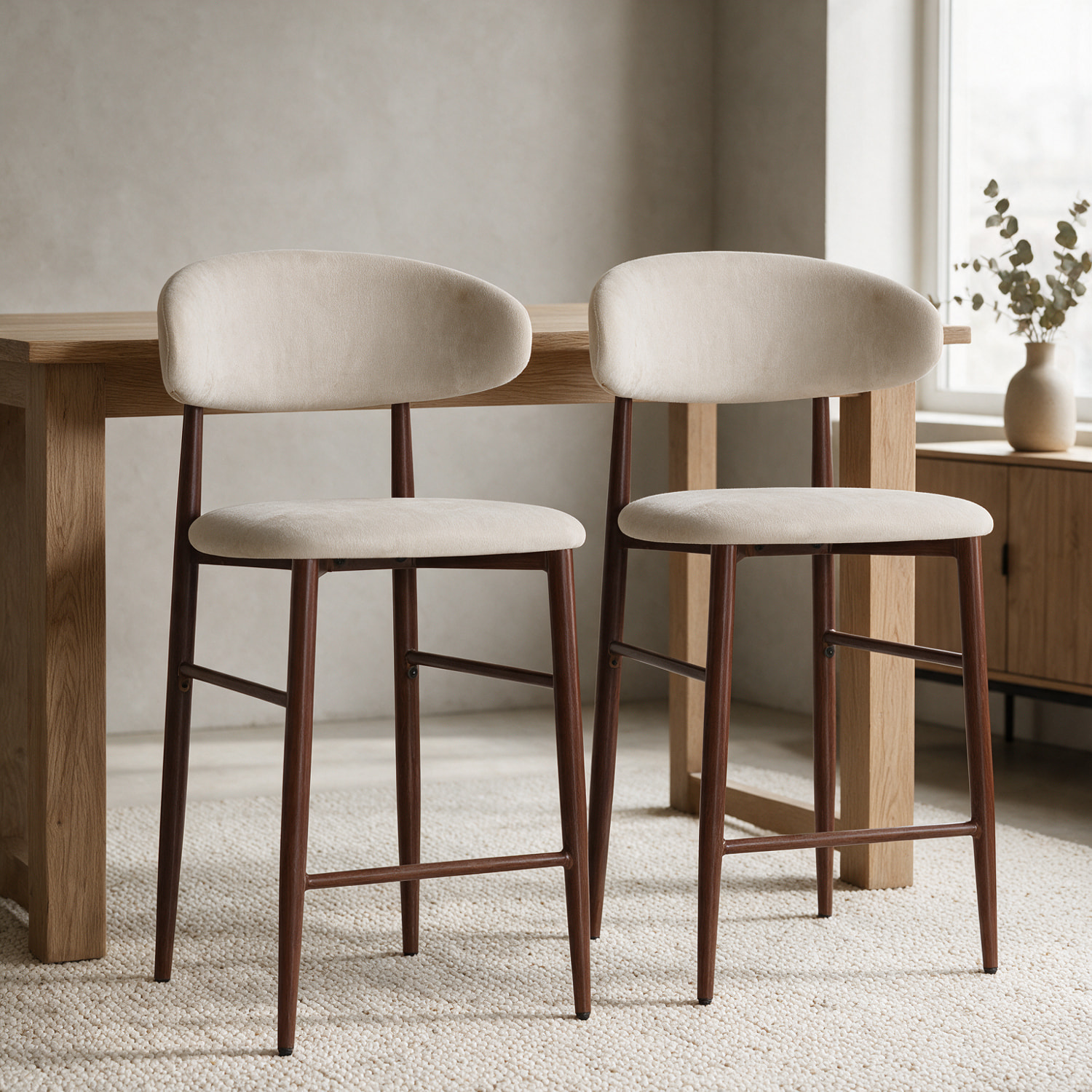 Lot de 2 tabourets de bar beige et métal effet bois foncé SIMON