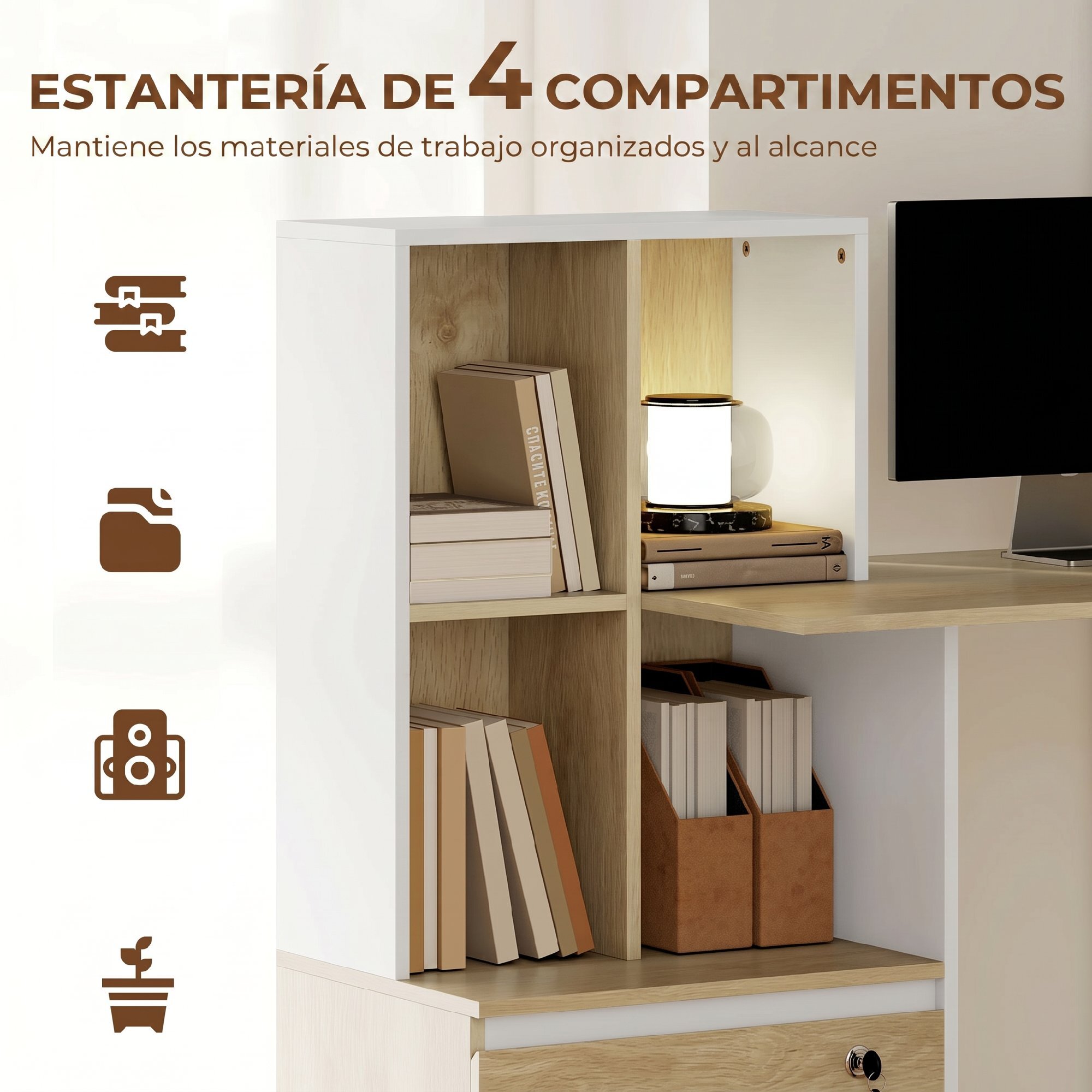 Escritorio, Mesa de Oficina con 4 Estantes y Cajón Archivador A4 con Cerradura y 2 Llaves, Mesa de Ordenador Moderna para Espacios Pequeños, Oficina en Casa, Roble