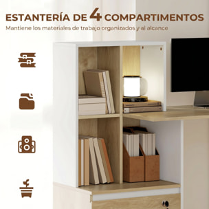 Escritorio, Mesa de Oficina con 4 Estantes y Cajón Archivador A4 con Cerradura y 2 Llaves, Mesa de Ordenador Moderna para Espacios Pequeños, Oficina en Casa, Roble