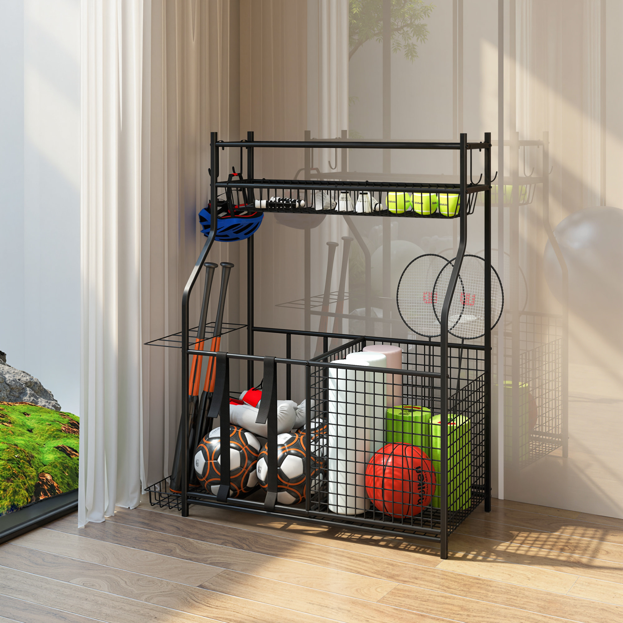 Organizador de Equipos Deportivos, Almacenamiento de Bolas de Garaje con Cesta, Ganchos Extraibles y Bandas Elásticas, Soporte para Balones de Baloncesto, Fútbol, para Casa Gimnasio o Escuela