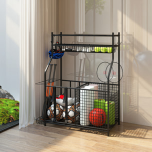 Organizador de Equipos Deportivos, Almacenamiento de Bolas de Garaje con Cesta, Ganchos Extraibles y Bandas Elásticas, Soporte para Balones de Baloncesto, Fútbol, para Casa Gimnasio o Escuela